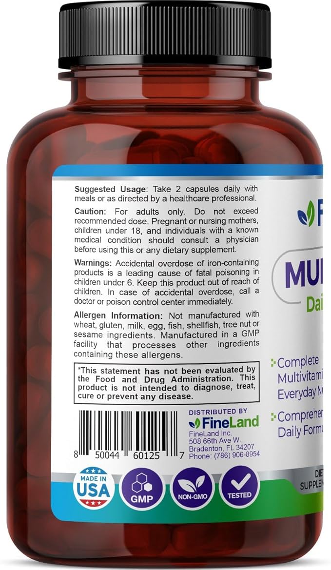 FineLand Multi-Vimin Daily Complete – 22 Vitamins Plus 42 Fruits Vegetables and Herbs with Enzymes Probiotics and Full Spectrum Minerals – 60 Vegan Capsules