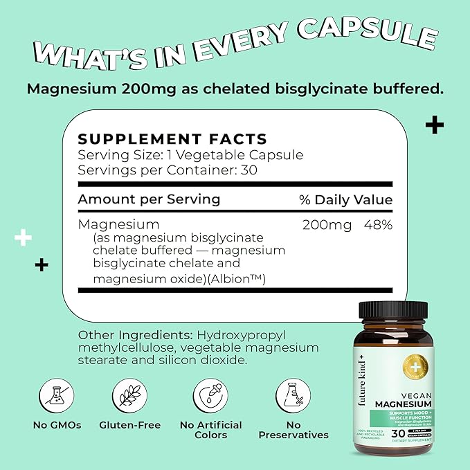 Future Kind Magnesium Glycinate Supports Muscle and Nerve Function High Absorption Chelated Magnesium Supplement Nightly Calm Energy &amp Metabolism Highly Bioavailable &amp Potent - 30 Vegan C