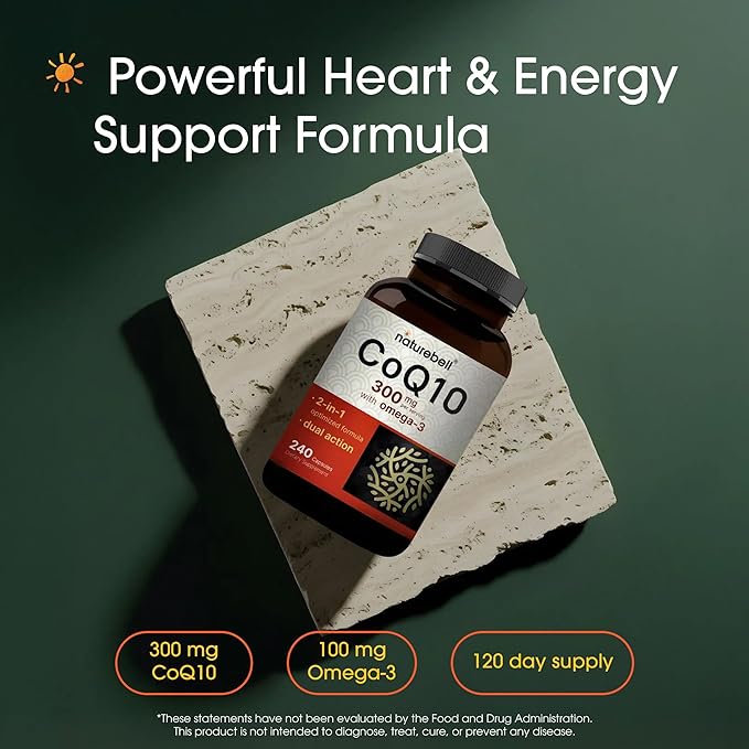 NatureBell CoQ10 300mg - 240 Capsules - High-Potency Support for Healthy Heart - Daily Energy &amp Vitality Aid with Antioxidant Support - Easily Absorbed Ubiquinone &amp Omega-3*