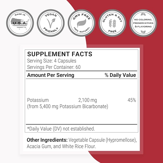 SuperSmart Potassium Bicarbonate (High Dose) - Electrolyte Mineral - pH Acid-Base Balance - Potassium Supplement | Non-GMO &amp Gluten Free - 240 Vegetarian Capsules