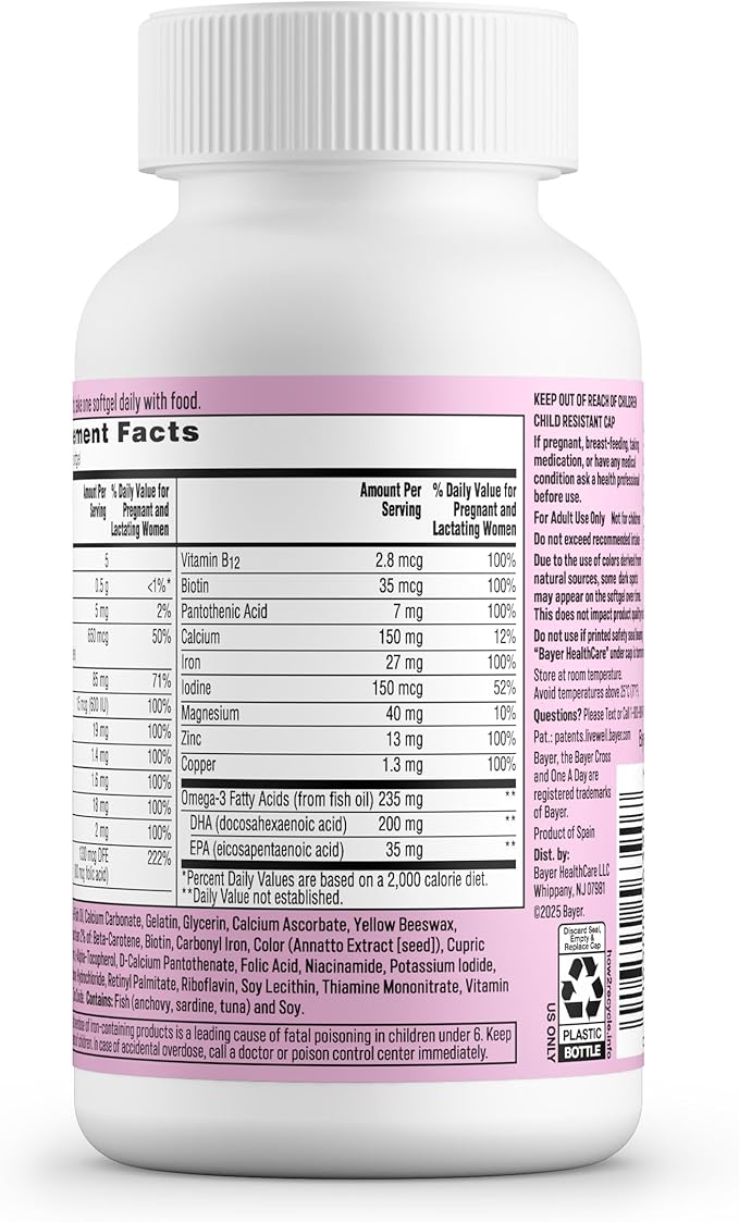 One A Day Prenatal Vitamins- Folic Acid Iron Omega- 3 (DHA) Pregnancy Vitamins for Women Prenatal Multivitamin for Mom and Baby Support Pregnancy Must Haves 90 Ct (Packaging May Vary)