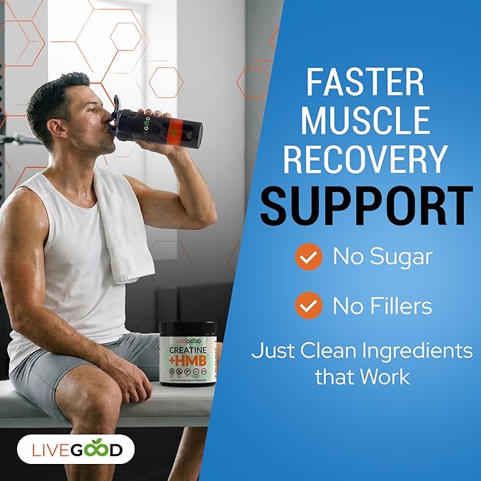 LIVEGOOD Creatine Monohydrate with HMB for Lean Muscle Growth &amp Recovery – HMB Creatine Powder for Men and Women – Unflavored Creatine 30 Servings