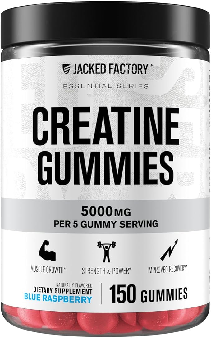 Jacked Factory Creatine Monohydrate Gummies 5g Daily Dose - Creatine Gummy for Men and Women Vegan-Friendly Travel-Friendly Third-Party Tested - 150 Gummies Blue Raspberry &amp Watermelon