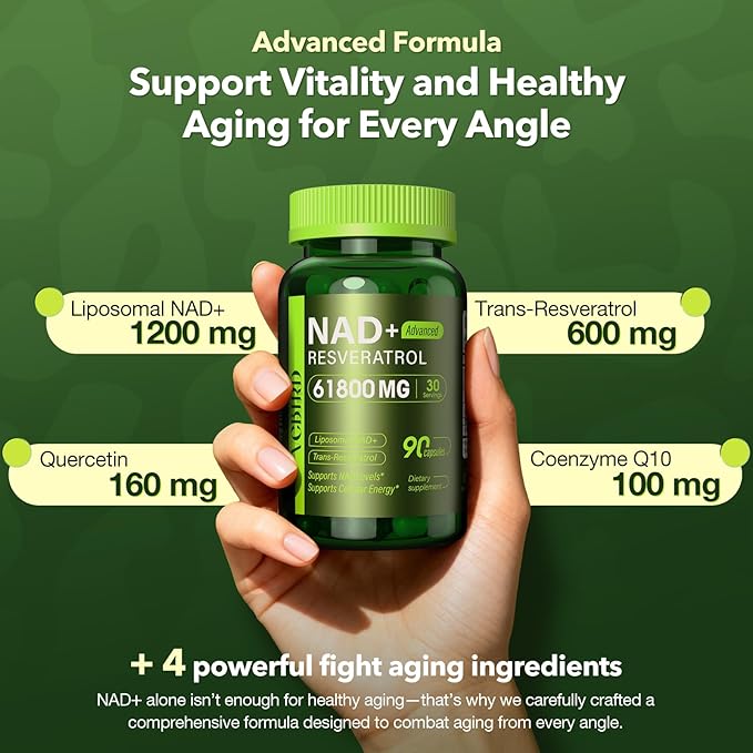 Nad Resveratrol Supplement 61800mg Per Bottle – Liposomal Nad+ Resveratrol for Women &amp Men – High Purity 1200mg Nad+ Supplement for Energy &amp Healthy Aging Resveratrol Quercetin CoQ10 – 90 C