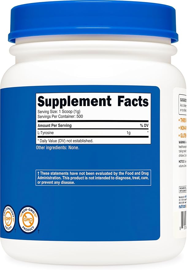 Nutricost L-Tyrosine Powder 500 Grams - Pure L-Tyrosine Powder 1000mg Per Serving