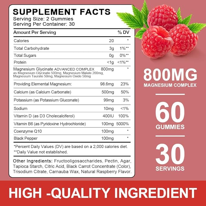 Sugar Free Magnesium Glycinate Gummies 500mg Magnesium Glycinate with 200mg Magnesium Malate Taurate Oxide COQ10 Vitamin B6 and D3 Sleep &amp Calm Support 60 Raspberry Gummies