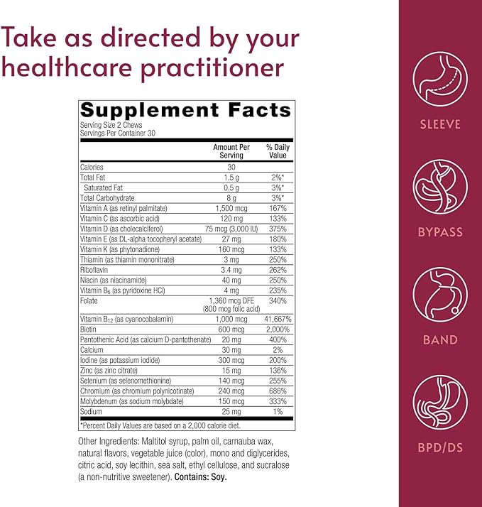 Bariatric Advantage Multi Chewy Bite - Soft Chew Multivitamin for Bariatric Surgery Patients - Chewable Multivitamin with Folic Acid Vitamin D3 &amp More - Tropical Orange Flavor - 60 Count