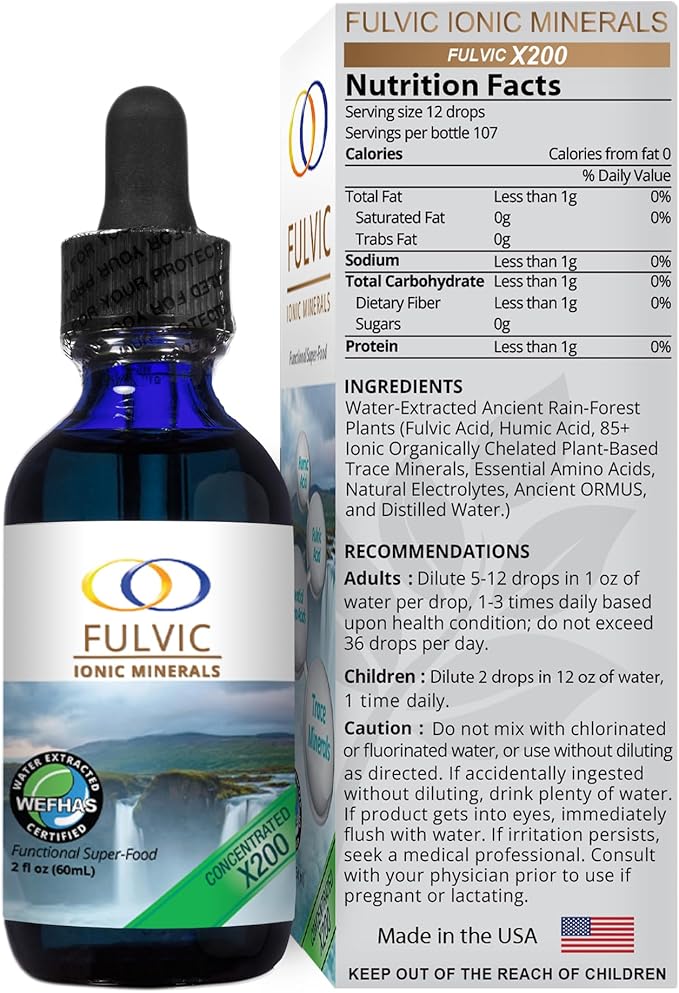 Optimally Organic Water Extracted Fulvic Ionic Minerals X200 - Patented BioActive Fulvic Acid Humic Acid Trace Minerals Electrolytes &amp Essential Amino Acids - 5+ Month Supply