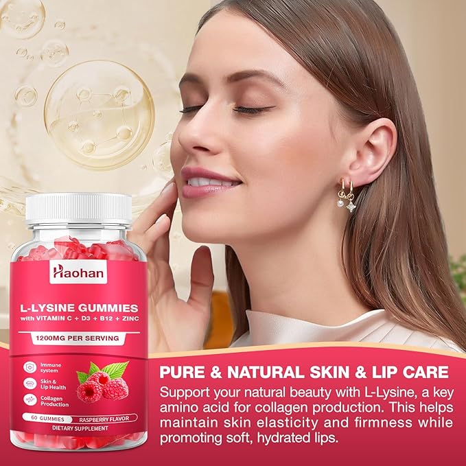 Haohan L-Lysine 1200mg Gummies for Immune Support &amp Skin Health - High Potency Vegan Gummies Sugar-Free Raspberry Flavor for Adults &amp Kids - 120 Count