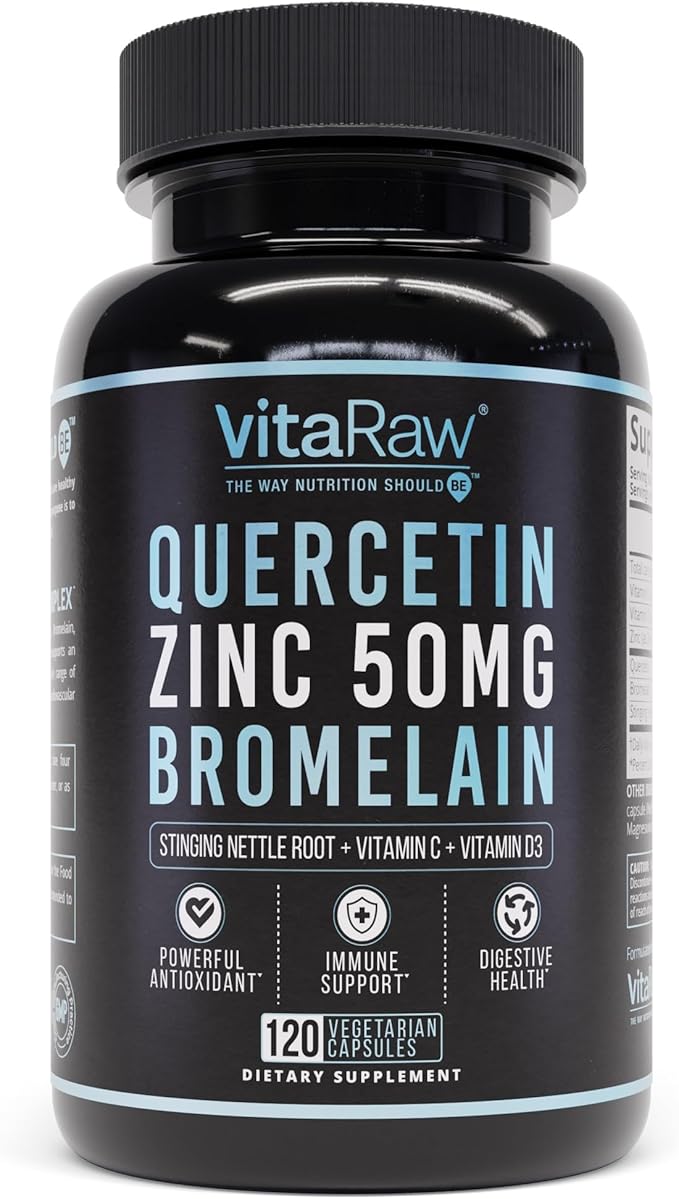VitaRaw Quercetin with Bromelain 500mg Capsules Supports Immune Response Joint Comfort &amp Overall Wellness - Vitamin C Zinc 50mg &amp Vitamin D3 5000 IU - Immunity Health Pills