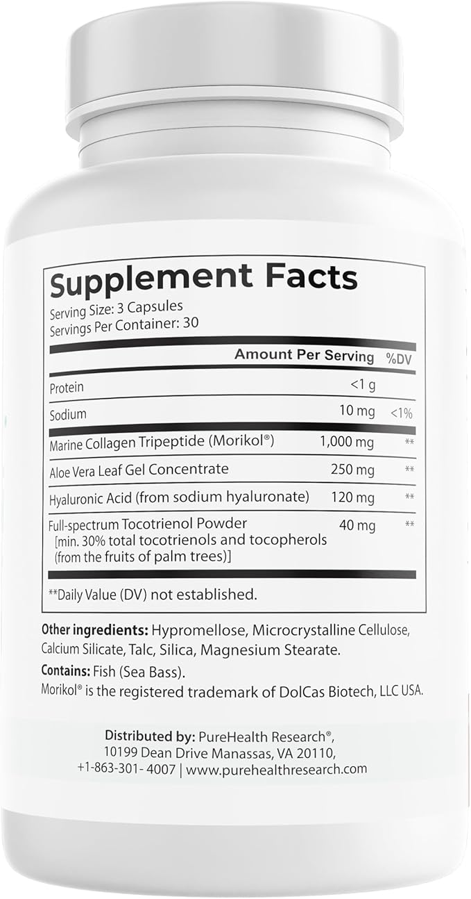 PUREHEALTH RESEARCH Marine Collagen Supplement - with Hyaluronic Acid Aloe Vera Leaf Extract Morikol Marine Collagen Tripeptides &amp Vitamin E - 90 Capsules