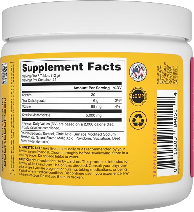 Bucked Up Creatine Candy Tropical Blast | Micronized Creatine Monohydrate | 120 Chewable Tablets 24 Servings | Fizzy Creatine No Water Needed | Non GMO Gluten Free Third Party Tested