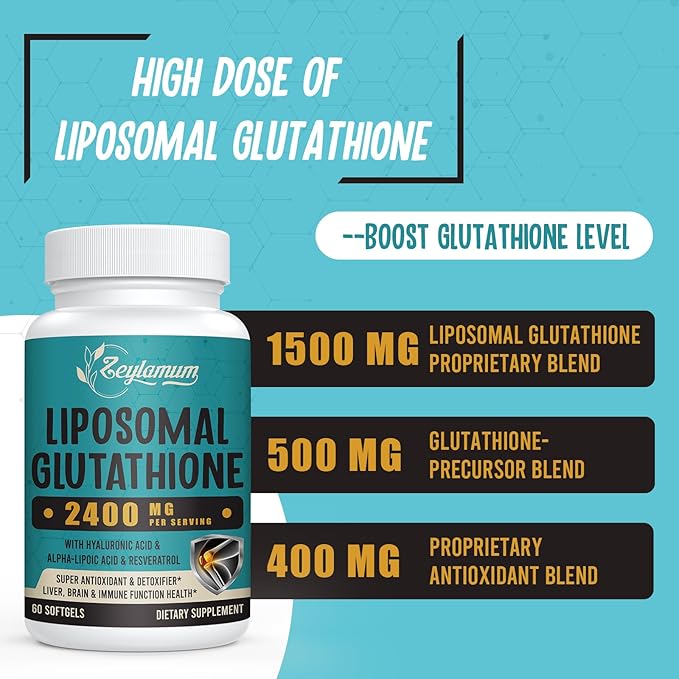 2400 MG Liposomal Glutathione Softgels Max Absorption Active Form L-Glutathione Reduced (GSH) with Hyaluronic Acid Resveratrol Master Antioxidants for Detox Brain Immune System 240 Softgels