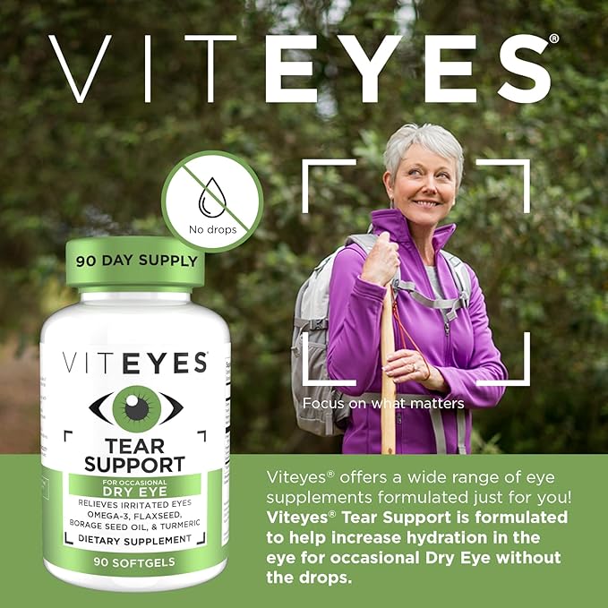 Viteyes Tear Support Eye Soothing Blend Occasional Dry Eye Supplement No Eye Drops Redness Relief Eye Vitamin Allergy Support for Itchy Eyes Omega-3 Fish Oil 90 Softgels