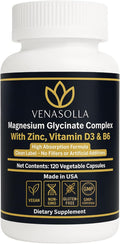 Magnesium Glycinate Complex 4-in-1 - Chelated Magnesium Bisglycinate (150 mg Elemental) with Zinc Picolinate Vitamin D3 &amp B6-120 Vegan Capsules Non-GMO - Men &amp Women
