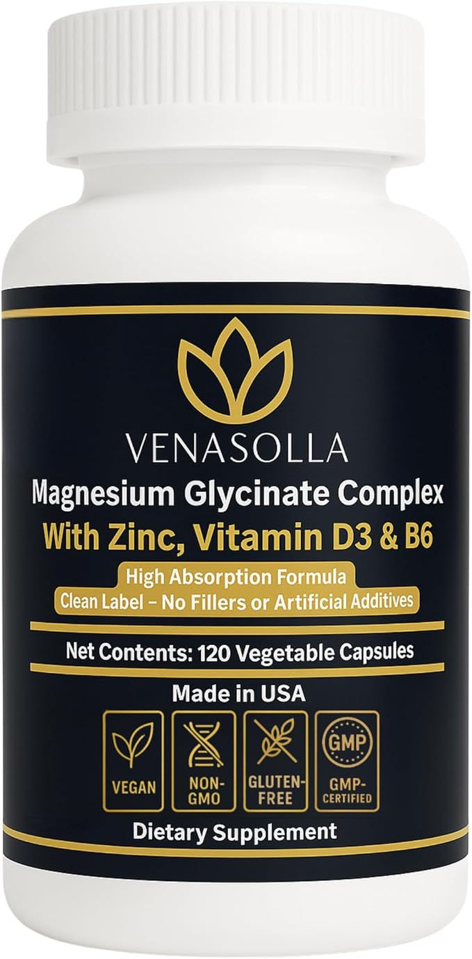 Magnesium Glycinate Complex 4-in-1 - Chelated Magnesium Bisglycinate (150 mg Elemental) with Zinc Picolinate Vitamin D3 &amp B6-120 Vegan Capsules Non-GMO - Men &amp Women
