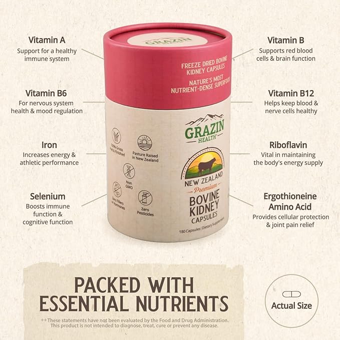 Grass Fed Bovine Kidney Capsules 3000mg | Whole Food Kidney Support Supplement from Pasture-Raised New Zealand Beef Organs | Non-GMO Hormone-Free Nutrient-Dense 30 Servings