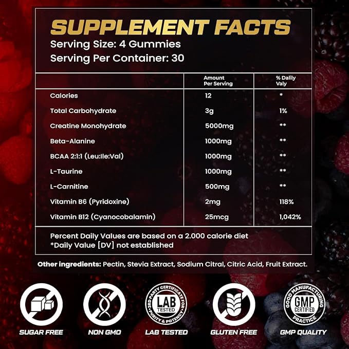 KUKALY Creatine Monohydrate Gummies for Men &amp Women 9000MG Creatine Gummies Sugar Free - Mixed Flavored with L-Taurine BCAA 2:1 B12 B6 for Boost Strength Focus &amp Endurance Vegan Non-GMO