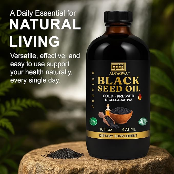 AL-TAQWA Black Seed Oil – Extra Virgin Nigella Sativa (Kalonji) Oil for Hair Skin &amp Wellness – Cold-Pressed Unrefined Non-GMO Vegan Halal – 16oz Amber Glass Bottle