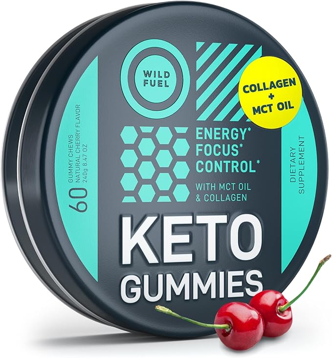 MCT Oil Keto Gummies Collagen Metabolism Booster - Pre Workout Gummy Energy Chews Keto Candy - Physical and Mental Energy Low Carb Low Calorie - 60 Cherry Collagen Gummies For Women and Men