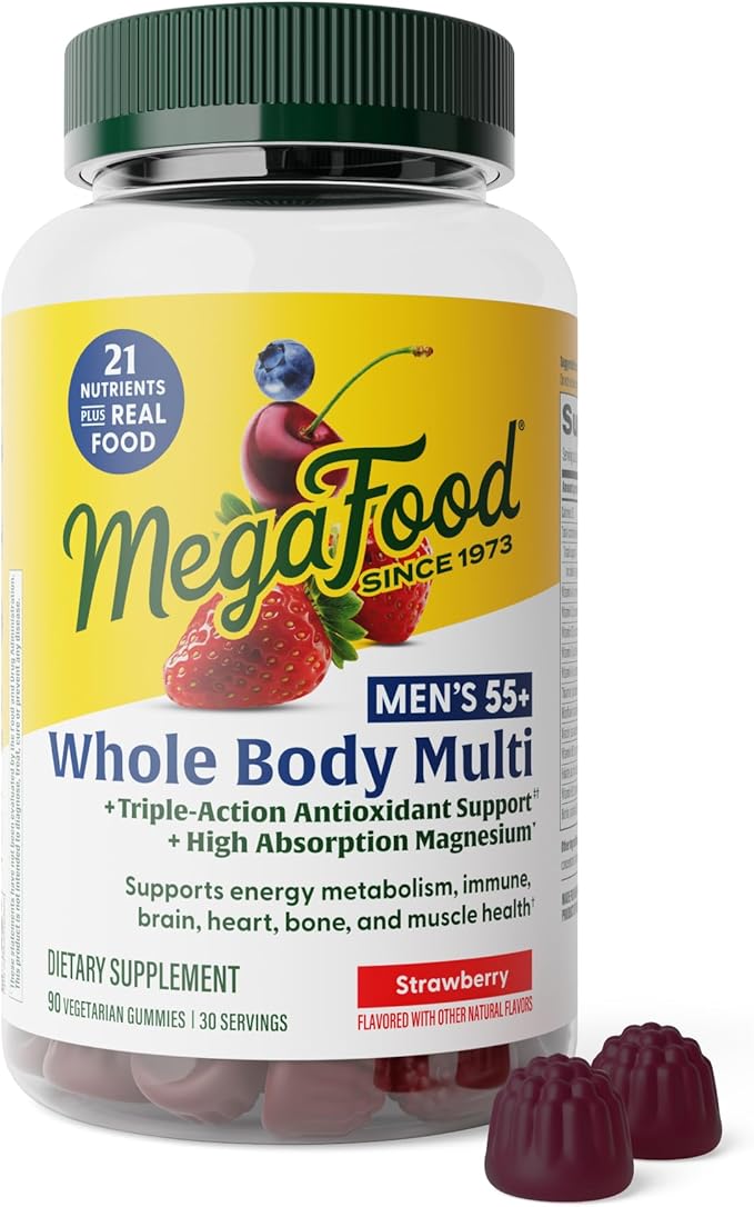MegaFood Whole Body 55+ Mens Multivitamins - Gummy Multivitamin for Men - Magnesium Citrate Vitamin D3 K2 &amp Zinc - Muscle &amp Bone Health - Brain Heart &amp Immune Support - 90 Gummies 30 Se