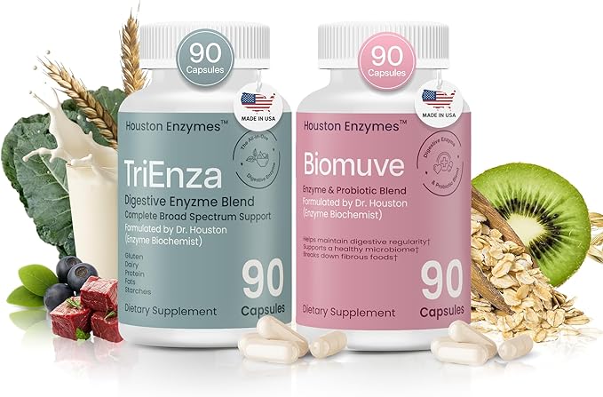 Houston Enzymes Gut Health Bundle - TriEnza Digestive Enzymes for Women &amp Men 90ct &amp Biomuve Combination of Enzyme Probiotics Prebiotics &amp Botanicals 120ct for Digestion &amp Regulari