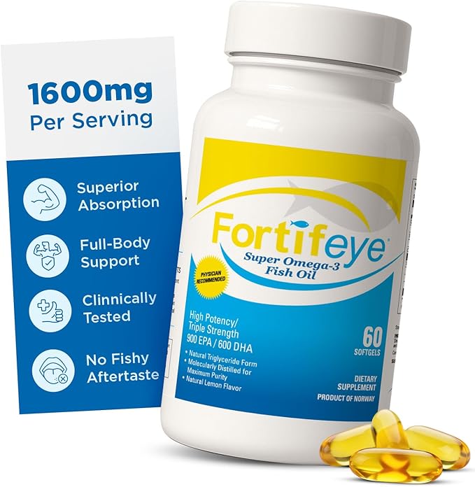 Fortifeye Omega 3 Fish Oil 60Count 1600mg Made in Norway - High Potency rTG Form Supplement with EPA and DHA Triple Strength Fish Oil Softgels for Men Women No Fishy Aftertaste Natural Lemon Flavor
