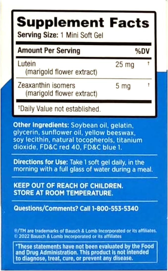 Bausch + Lomb Ocuvite Blue Light Eye Health – Mini Soft Gels with 25 mg Lutein + 5 mg Zeaxanthin – Eye Defense for Screen Time Gamers &amp Digital Device Users 30 ct (Pack of 4)