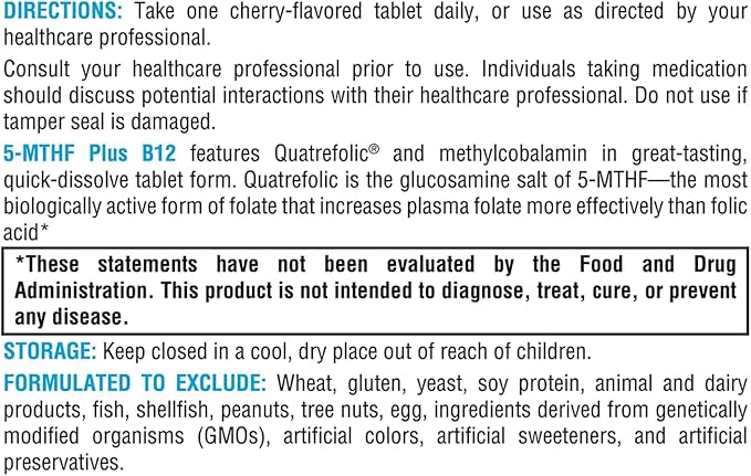 XYMOGEN 5-MTHF Plus B12 - Biologically Active L Methylfolate Supplement - Support Methylation &amp Nervous System Health - Great-Tasting Cherry Flavor (30 Quick-Dissolve Tablets)