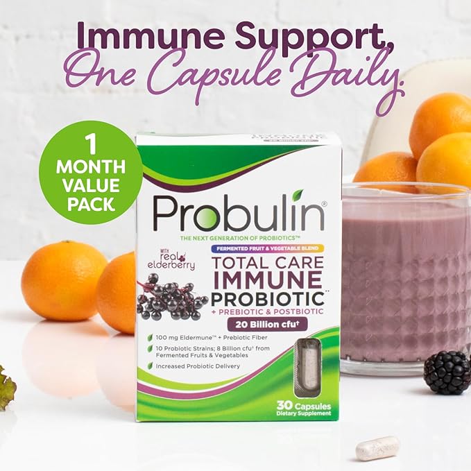 Probulin Total Care Immune = Prebiotics + Probiotics + Postbiotics + Elderberry to Support Immune &amp Gut Health - 20 Billion CFU - 10 Probiotic Strains 30 Vegan Capsules