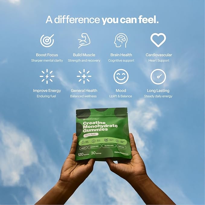 VYBRANCE LABS Creatine Gummies for Women &amp Men — First &amp Only 5g Creatine + Taurine + Vitamin B12 | Vegan Creatine Gummies | Sugar-Free | Sour Green Apple