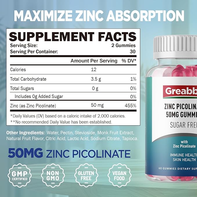 Zinc Gummies - Zinc Picolinate 50mg Sugar Free Highly Absorbable Zinc Picolinate Supplement for Kids &amp Adults Support Growth Immune Function Skin Health 60 Gummies