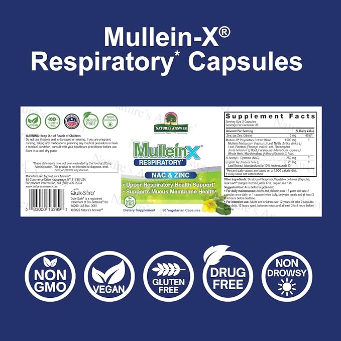 Nature's Answer MulleinX® Respiratory NAC &amp Zinc 90 Vegetarian Capsules