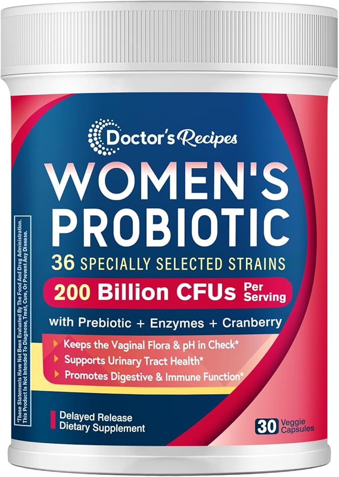 Doctor's Recipes Probiotics for Women 200B CFUs 36 Strains with Prebiotics Enzymes &amp Cranberry Vaginal Urinary Digestive &amp Immune Shelf Stable 30 Caps