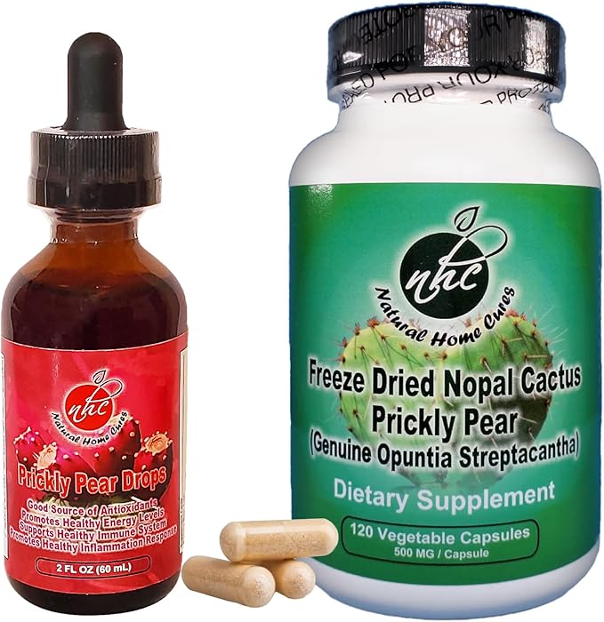 Prickly Pear Nopal Cactus Supplement Combo Pack - Freeze Dried Cactus Fruit Extract - 120 Vegetable Capsules &amp 2oz Liquid Drops - Vegan Rich in Betalains &amp Bioavailable