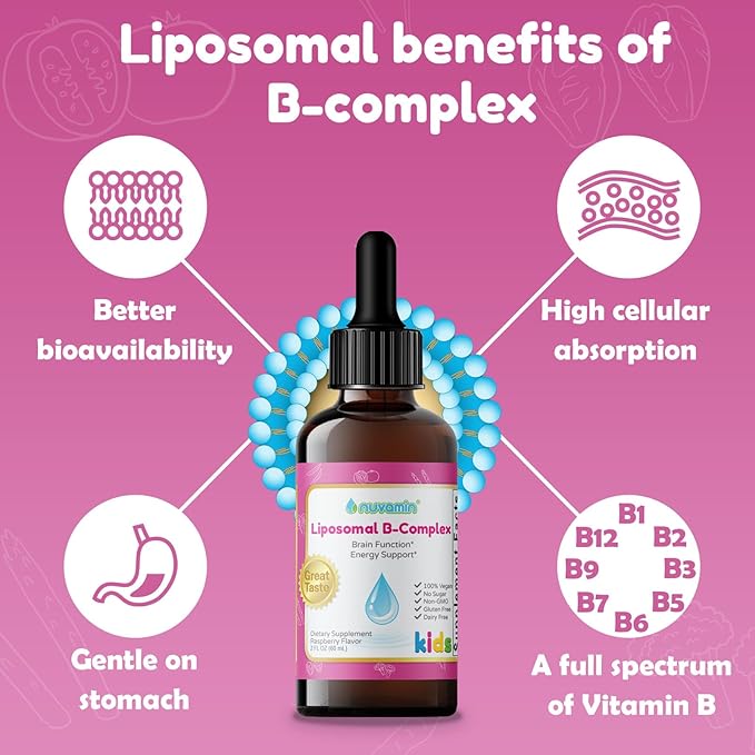 Nuvamin – Liquid Liposomal B-Complex Drops for Kids Baby Toddlers &amp Adults 2Fl.Oz (60ml) 120 Daily Serving. B1 B2 B3 B5 B6 B7 B9 B12. Great Taste - Natural - High Absorption Raspberry Fl