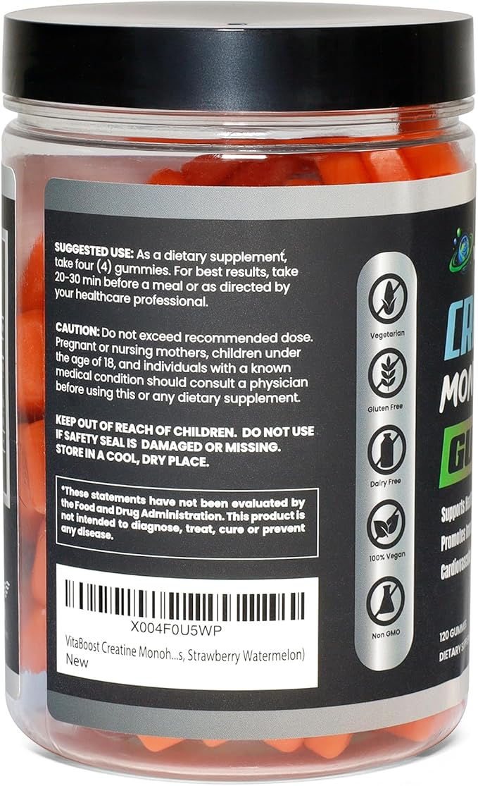 VitaBoost Creatine Gummies 5g- Natural Creatine Monohydrate for Men &amp Women- Delicious Strawberry Watermelon Flavor- Boost Strength Energy &amp Muscle Growth- Vegan Pre Workout Gummies- Made in