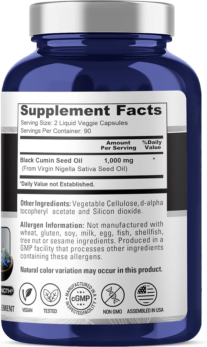 NusaPure Black Seed Oil 1000 mg per Serving 180 Softgel Capsules (Non-GMO Vegetarian &amp Vegan) Cold-Pressed Virgin Nigella Sativa. Hexane Free