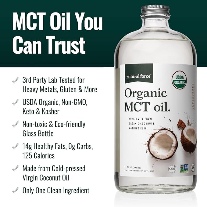 Natural Force Organic Dark Roast Clean Coffee + Organic MCT Oil Bundle – 100% Pure Coconut MCTs &amp Mold &amp Mycotoxin Free Coffee – Non-GMO Keto Paleo and Vegan - 12 Oz and 32 Oz