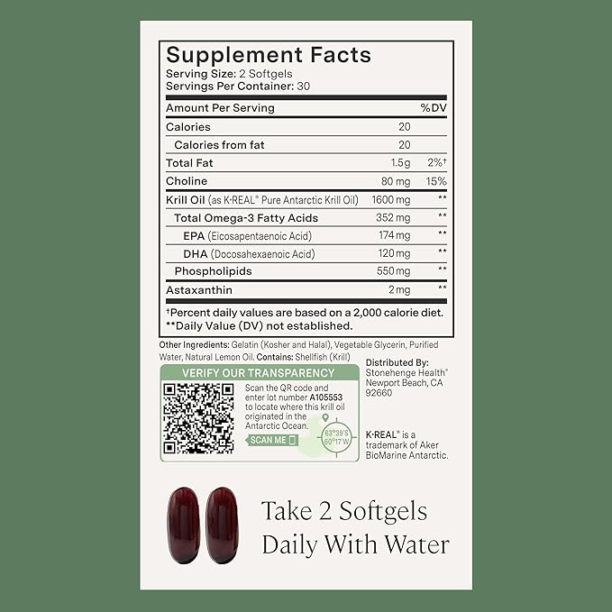 Stonehenge Health Dynamic Krill Oil 1600mg – Triple Strength Antarctic Omega-3 Supplement with EPA DHA Phospholipids &amp 2mg Astaxanthin – Supports Heart Brain Skin Joint &amp Eye Health – 60