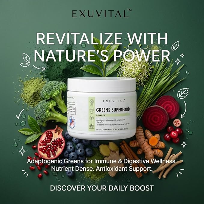 Greens Superfood Daily Nutrition and Energy Enhancement Powder with Spirulina Wheatgrass Barley Grass Adaptogenic Herbs for Immunity and Wellness Support