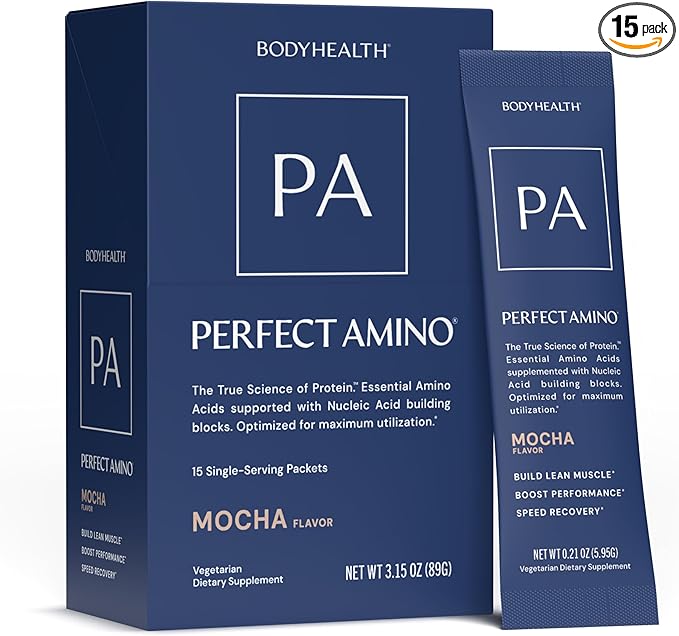 BodyHealth PerfectAmino Powder - BCAA and EAA Powder for Pre and Post Workout - Amino Acid Energy Drink for Men and Women to Support Lean Muscle and Recovery - Mocha - Stick Packs - 15 Servings