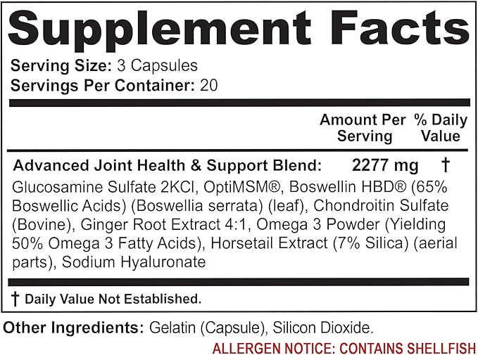 (3 Bottles Maximum Strength Joint Health &amp Support Supplement | Glucosamine Chondroitin Hyaluronic Acid &amp MSM | Flexibility Support for Healthy Knee &amp Back. 60 Capsules Each