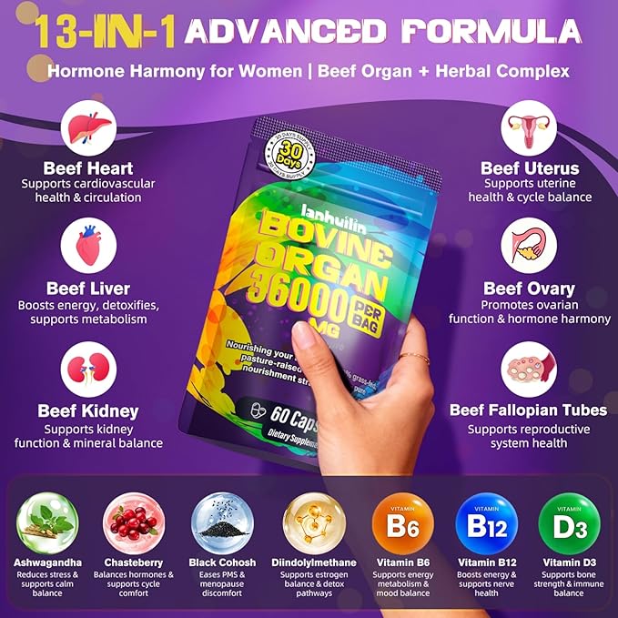 Beef Organ Supplement for Women - 100% Grass Fed Beef Organs with Bovine Liver Ovary Uterus Kidney Heart &amp Fallopian Tubes - PMS Menopause &amp Energy Immune &amp Mood Support 60 Count