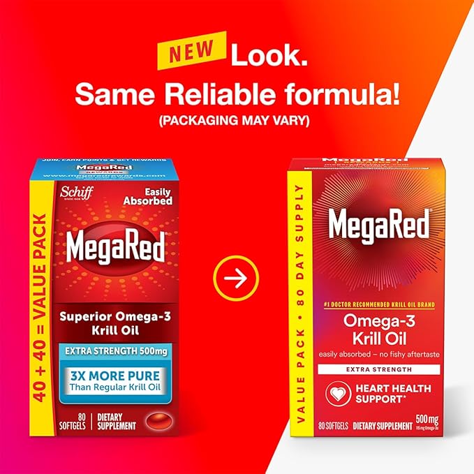 MegaRed Extra Strength 500mg Omega-3 Krill Oil Supplement with EPA/DHA No Fishy Aftertaste Supports Heart Health 80 Count Softgels (2 Pack)