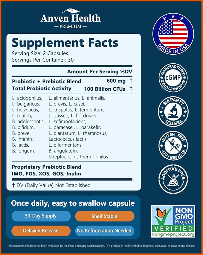 100 Billion Probiotics for Men and Women 27 Strains 5 Organic Prebiotics for Gut Digestive &amp Immune Health Supports Diarrhea Gas Bloating Non-GMO Zero Fillers – Made in USA丨120 Caps