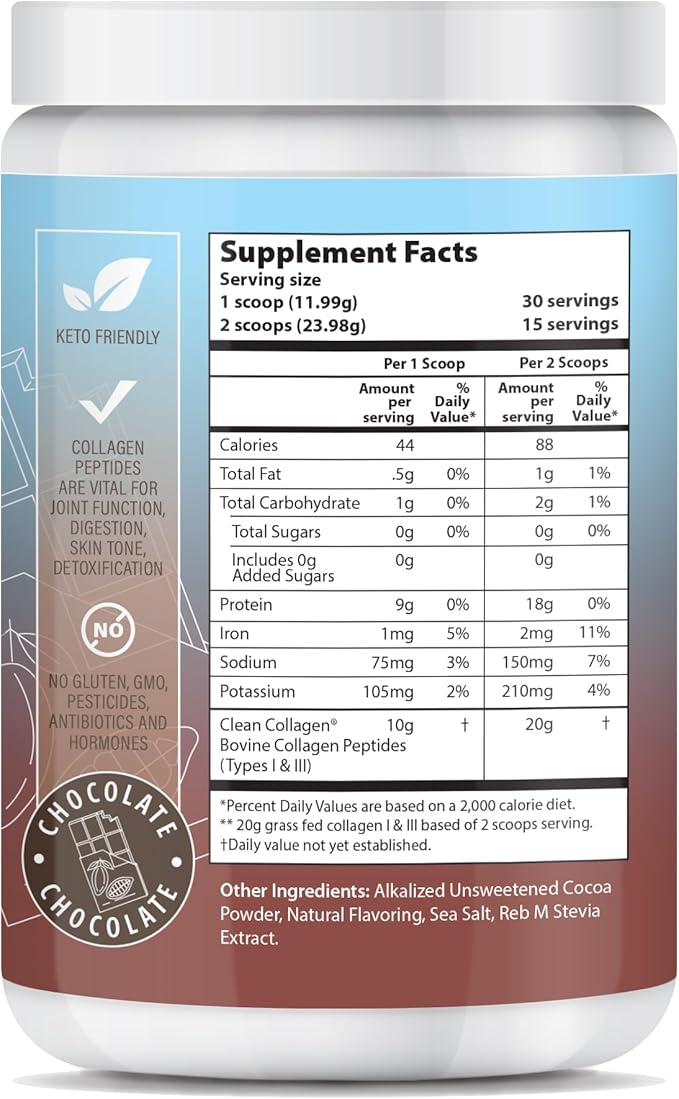 Chocolate Peptides Powder Grass Fed Hydrolyzed Type 1&amp3 Collagen Promotes Hair Skin and Nails (30 Servings) (Chocolate)