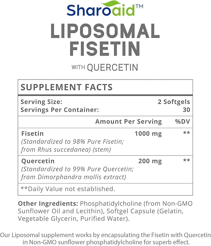 Liposomal Fisetin with Quercetin Supplements 1200 mg per ServingHigh Absorption Polyphenols Antioxidants for WomenMenNon-GMOGluten-Free2 Bottle-120 Softgels