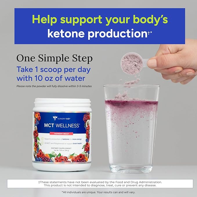 Gundry MD MCT Wellness Powder to Support Energy Ketone Production and Brain Health Keto Friendly Sugar Free (30 Servings) (Raspberry Medley)