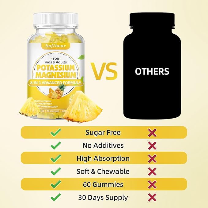 softbear Potassium Gummies for Adults Sugar-Free Potassium Magnesium Supplement with Vitamin B6 CoQ10 for Muscle Cramps Vegan Pineapple Flavor 120 Gummies